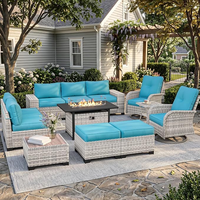 12-Piece Outdoor Patio Furniture Set with Rocking Swivel Chair, PE Wicker Rattan Sectional Sofa 55,000 BTU Fire Pit Table Patio Conversation Set with Ottomans and Chunky Arms, Ivory