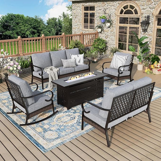 MIXPATIO Patio Furniture Set with Fire Pit Table, Metal Outdoor Conversation Set with 5.75'' Extra Thick Cushion, 2 Rocking Chairs, Loveseat Sofa, 3-Seat Sofa and Gas Fire Pit Table, Grey