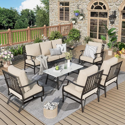 MIXPATIO Patio Furniture Set 6 pcs, Outdoor Patio Furniture, 1 X 3-Seat Sofa, 2 X Single Chairs, 2 X Rocker Chairs, 1 X Coffee Table and 5.75" Extra Thick Cushion, Patio Conversation Set,Beige