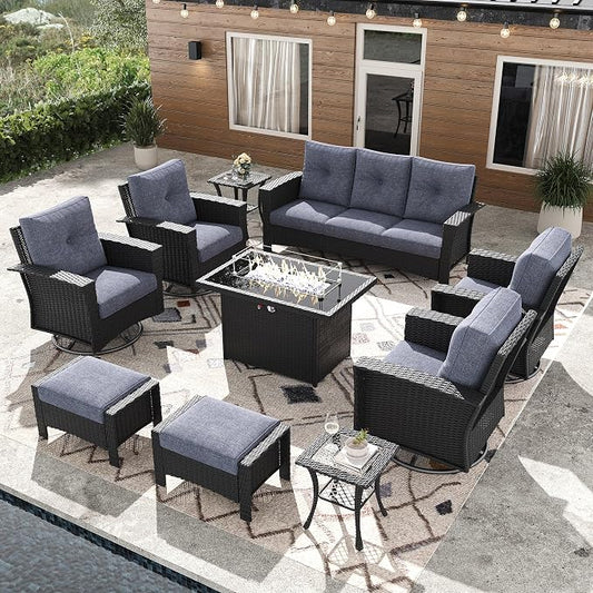 10 Pieces Outdoor Patio Furniture Set with Fire Pit Table, Wicker Patio Sectional Set Conversation Wicker Swivel Chairs with Small Side Table