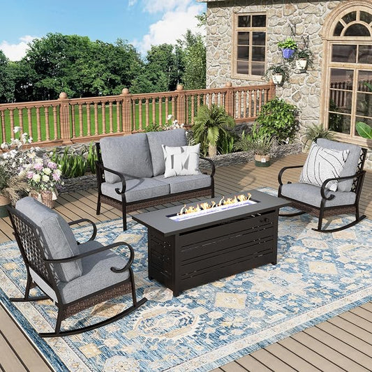 MIXPATIO Patio Furniture Set with Fire Pit Table, 4 PCS Metal Outdoor Conversation Set with 5.75'' Extra Thick Cushion, 2 Rocking Chairs, Loveseat Sofa and Gas Fire Pit Table, Grey