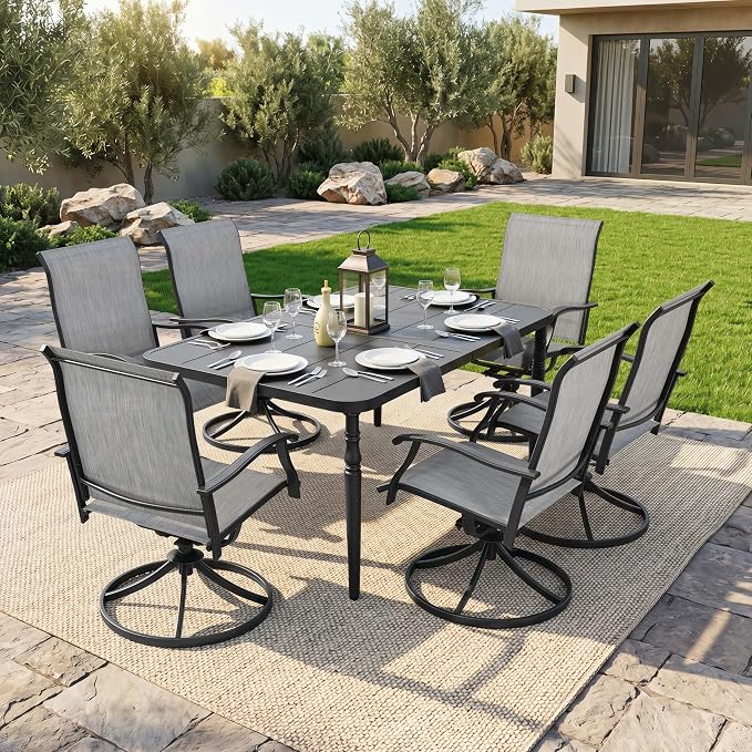 NUU GARDEN 7 Piece Patio Dining Set for 6 with Swivel Chairs | 61" x 37" table with umbrella hole and 6 breathable Textilene swivel chairs featuring ergonomic high backs.