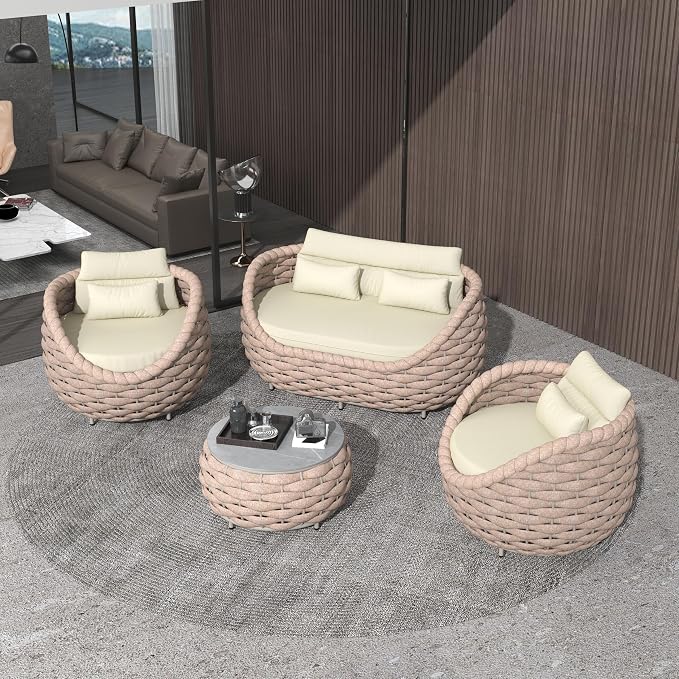 Outdoor 4 PCS Patio Conversation Set, All-Weather Wicker Patio Couch Sofa with Waterproof Thick Cushion Coffee Table for Porch, Balcony Mocha | All-Weather Wicker
