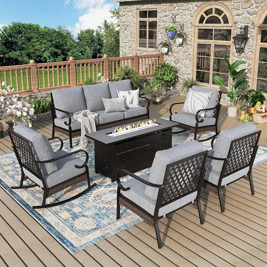 MIXPATIO Patio Furniture Set with Fire Pit Table, Metal Outdoor Conversation Set with 2 Fixed Chairs, 2 Rocking Chairs, 3-Seat Sofa and Gas Fire Pit Table for Lawn Garden Backyard, Grey