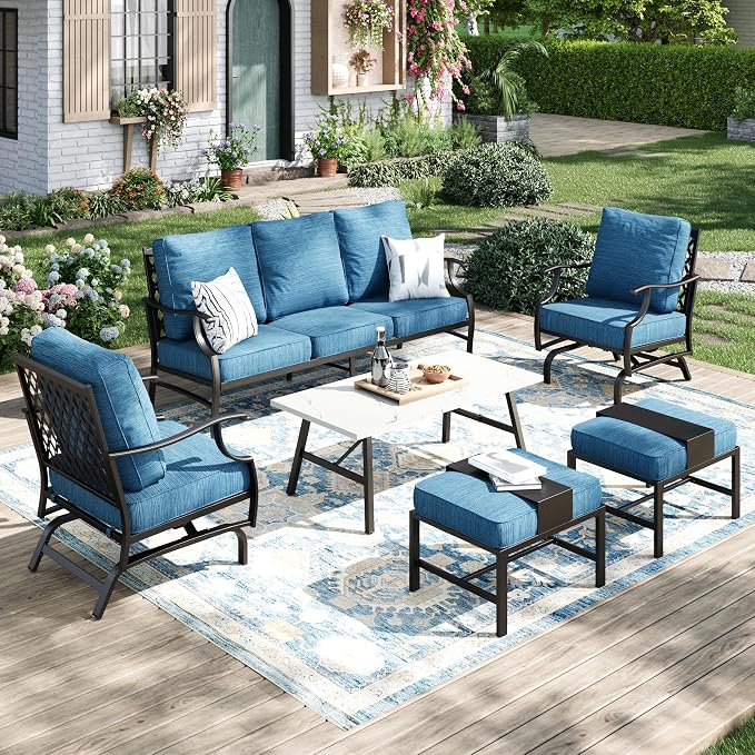 MIXPATIO Patio Furniture Set 6 pcs, Outdoor Patio Furniture, 3-Seat Sofa, 2 Rocking Chairs, 2 Ottomans, Coffee Table and 5.75" Extra Thick Cushion, Conversation Set for Backyard Deck, Gemstone Blue