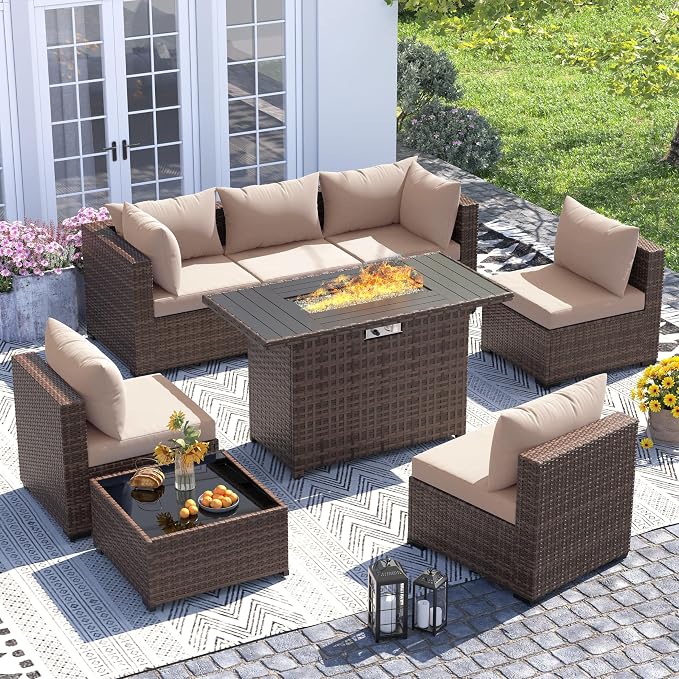 UDPATIO Furniture Set with Fire Pit Table, 8 Piece Sectional Sofas, All-Weather Wicker Conversation for Garden, Backyard, Khaki
