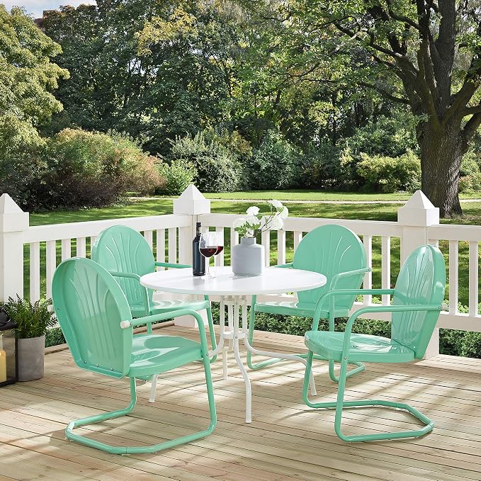 Crosley Furniture Griffith 5-Piece Outdoor Dining Set for 4, Retro Metal Round Patio Table and Chairs, White and Aqua