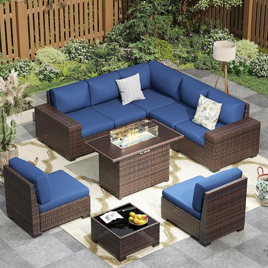 Patio Furniture with Fire Pit Table,8‘’ Wide armrest Outdoor Sectional Rattan Sofa Set, Wicker Patio Furniture Sets w/Coffee Table,Thick Cushions and Cover for Porch,Deck, 9PC(Brown&Navy)