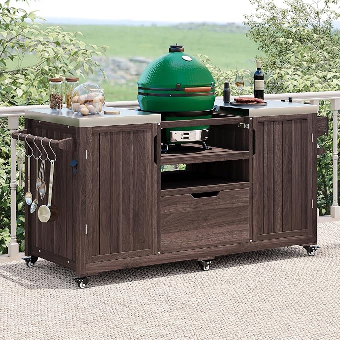 RUNNA Outdoor Kitchen Island for Big Green Egg Grills, Solid Wood Outdoor Grill Cart for Tabletop Grill with Stainless Steel Top, Drawer, Compatible with Large Big Green Egg, Kamado Joe (Brown@029)