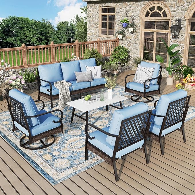 MIXPATIO Patio Furniture Set with Coffee Table, Outdoor Conversation Set with 2 x Fixed Chairs, 2 x Swivel Chairs, 1 x 3-Seat Sofa for Lawn Garden Backyard, Blue