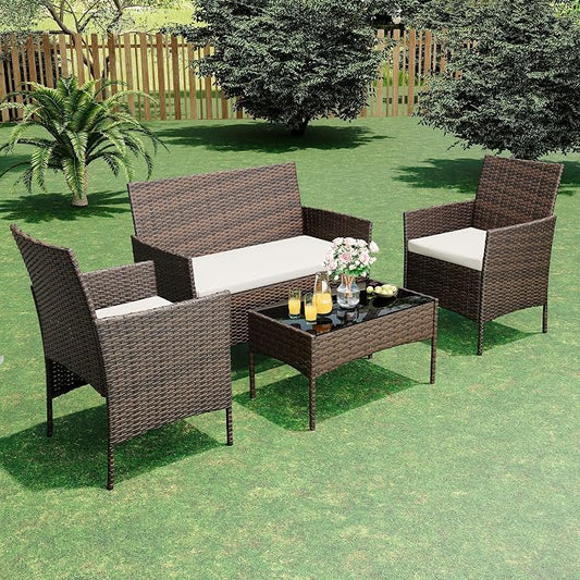 GAOMON 4-Piece Outdoor Conversation Set, PE Rattan Wicker Patio Furniture Set with Cushions, Loveseat and 2 Armchairs, Tempered Glass Coffee Table, Gray