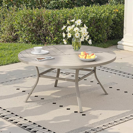 53.1" Outdoor Dining Table with Adjustable Umbrella Hole, Metal Slatted Round Patio Dining Table for Backyard Garden Deck, Sandshell