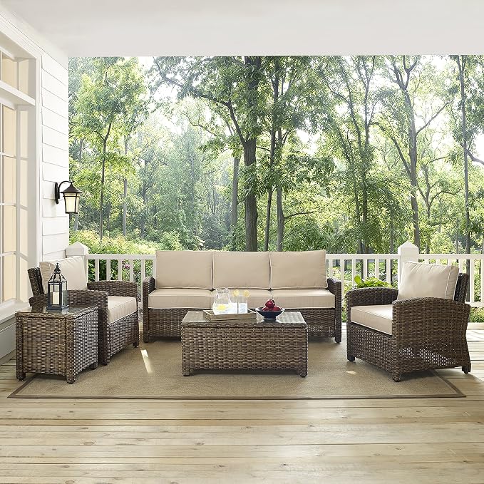 Crosley Furniture Bradenton 5-Piece Outdoor Sofa Patio Furniture Set, Wicker Conversation Sets for Porch, Brown with Sand Cushions
