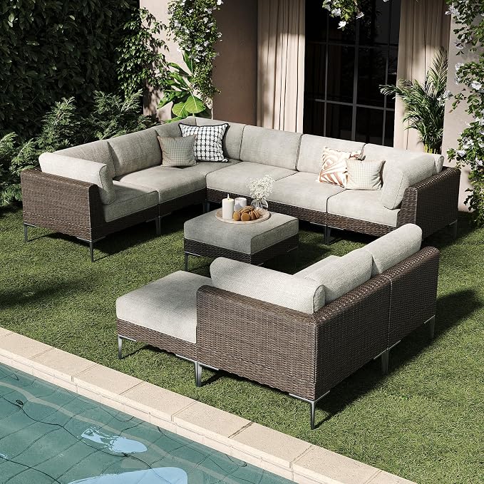 LayinSun 10-Piece Wicker Rattan Patio Furniture Set, Deep Seating Outdoor Modular Sectional Sofa Conversation Set with Thick Cushions for Lawn, Garden