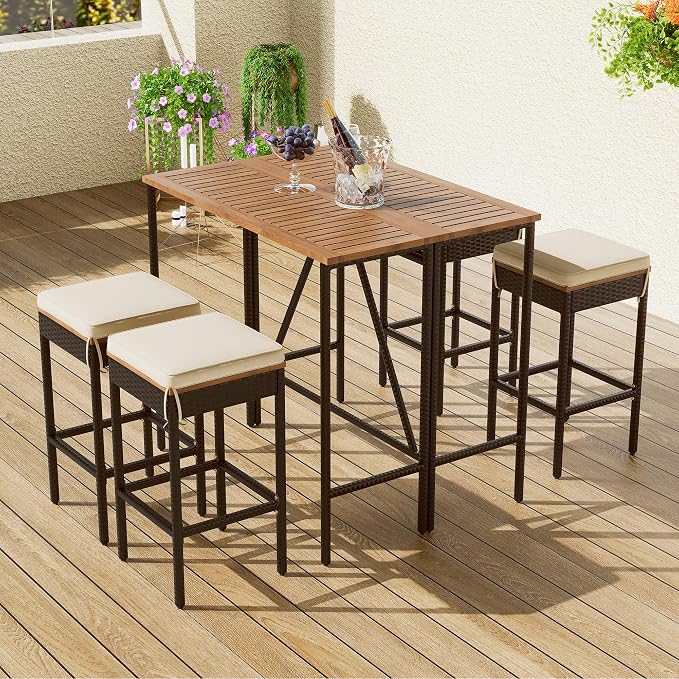 RUNNA Outdoor Acacia Wood Bar Height Table and Four Stools with Cushions, Garden PE Rattan Wicker Dining Table, Foldable Tabletop, High-Dining Bistro Set, All-Weather Patio Furniture