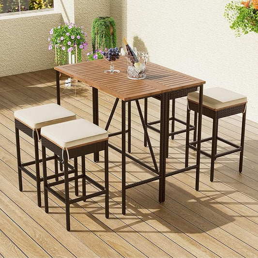 WILLIAMSPACE Patio Bar Table Set of 5, Outdoor Wood Height Bar Table & 4 Bar Stools with Cushions, PE Rattan Wicke Bar Table with Foldable Tabletop, Bistro Set for Backyards Porches (Brown)