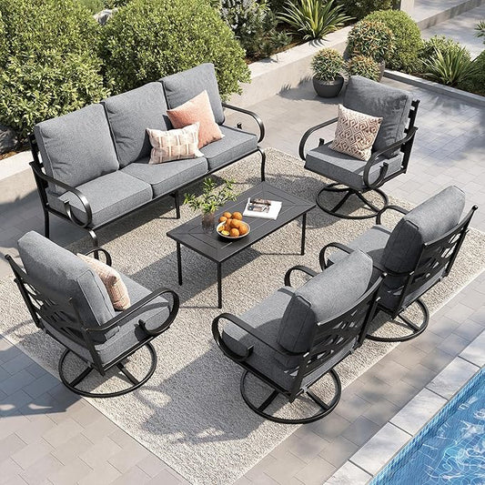PHI VILLA Patio Furniture Set, 3-Seater Sofa, 4 Swivel Chairs and a Coffee Table, Outdoor Metal Conversation Set with 5.75" Extra Thick Cushion for Garden Backyard Deck, Grey