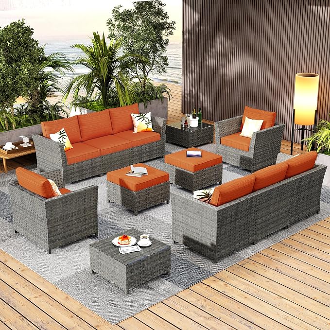 CAODOC 12 Pieces Outdoor Furniture Patio Sectional Sofa Couch Gray PE Wicker Conversation Sets with Ottomans Glass Coffee Table for Garden Poolside Backyard