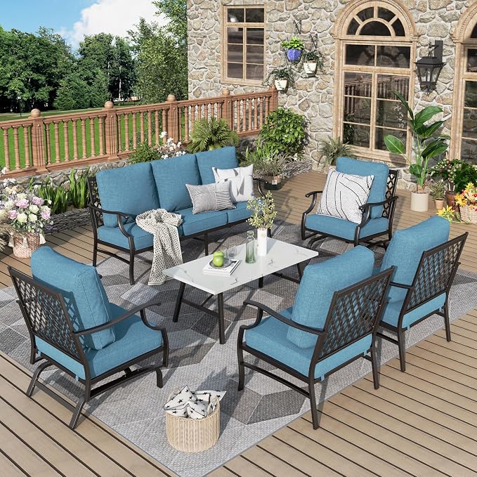MIXPATIO Patio Furniture Set 6 pcs, Outdoor Patio Furniture, 1 X 3-Seat Sofa, 2 X Single Chairs, 2 X Rocker Chairs, 1 X Coffee Table and 5.75" Extra Thick Cushion, Patio Conversation Set,Navy Blue