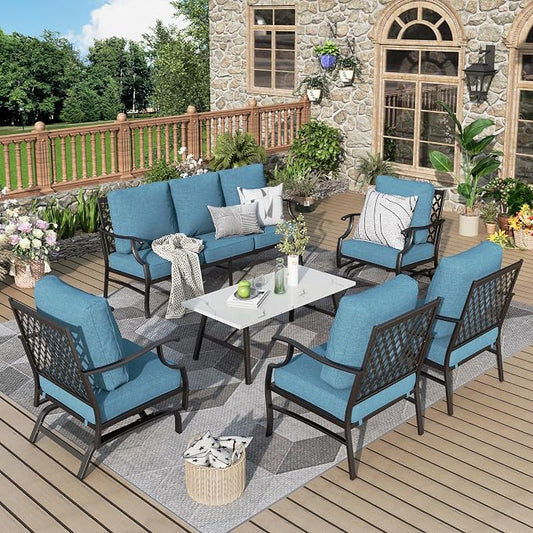 MIXPATIO Patio Furniture Set 6 pcs, Outdoor Patio Furniture, 1 X 3-Seat Sofa, 2 X Single Chairs, 2 X Rocker Chairs, 1 X Coffee Table and 5.75" Extra Thick Cushion, Patio Conversation Set,Navy Blue