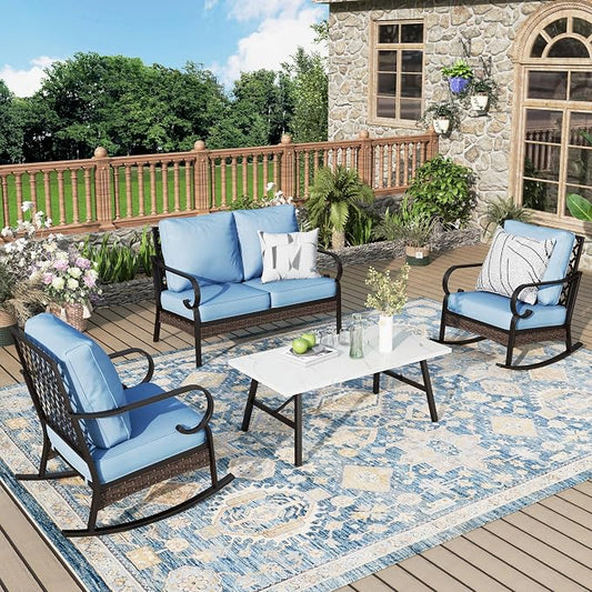 MIXPATIO Patio Furniture Set with Coffee Table, Outdoor Conversation Set with 2 x Rocking Chair, 1 x 2-Seat Sofa for Lawn Garden Backyard, Blue