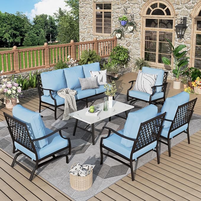 MIXPATIO Patio Furniture Set 6 pcs, Outdoor Patio Furniture, 1 X 3-Seat Sofa, 2 X Single Chairs, 2 X Rocker Chairs, 1 X Coffee Table and 5.75" Extra Thick Cushion, Patio Conversation Set,Blue