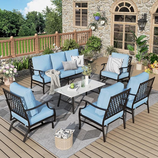 MIXPATIO Patio Furniture Set 6 pcs, Outdoor Patio Furniture, 1 X 3-Seat Sofa, 2 X Single Chairs, 2 X Rocker Chairs, 1 X Coffee Table and 5.75" Extra Thick Cushion, Patio Conversation Set,Blue