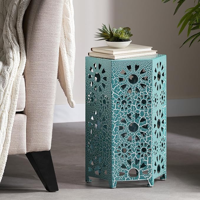 Iron Patio Side Table with Sunburst Cut Out Design 14"x22"Hexahedron Outdoor End Table Lightweight Barrel Accent Table for Garden Pool Deck Balcony Weather Resistant Easy to Move,Teal