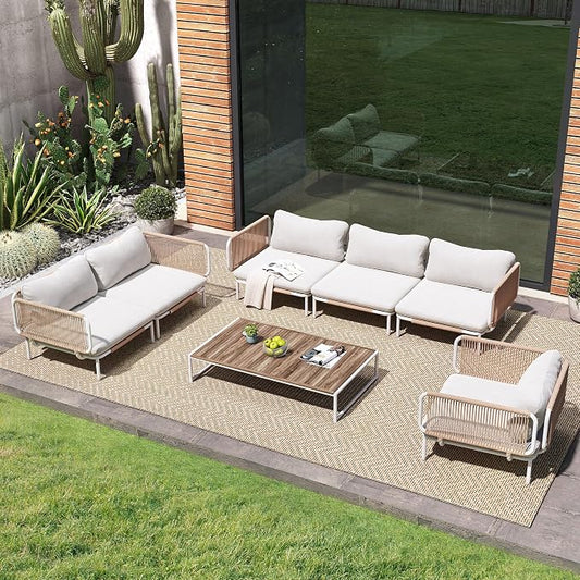 Crestlive Products Outdoor Patio Furniture Set, 6 Seater Modular Oversized Patio Conversation Set with Cushions, Modern Metal Sectional Outdoor Couch for Backyard, Deck, Porch, or Poolside, Beige