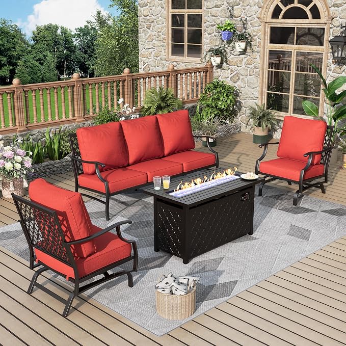 MIXPATIO Patio Furniture Set, 4 Pcs Metal Outdoor Conversation Set, 2 Rocking Chairs and 3 Seater Sofa with 5.75" Extra Thick Cushion and Gas Fire Pit Table for Backyard Deck, Red