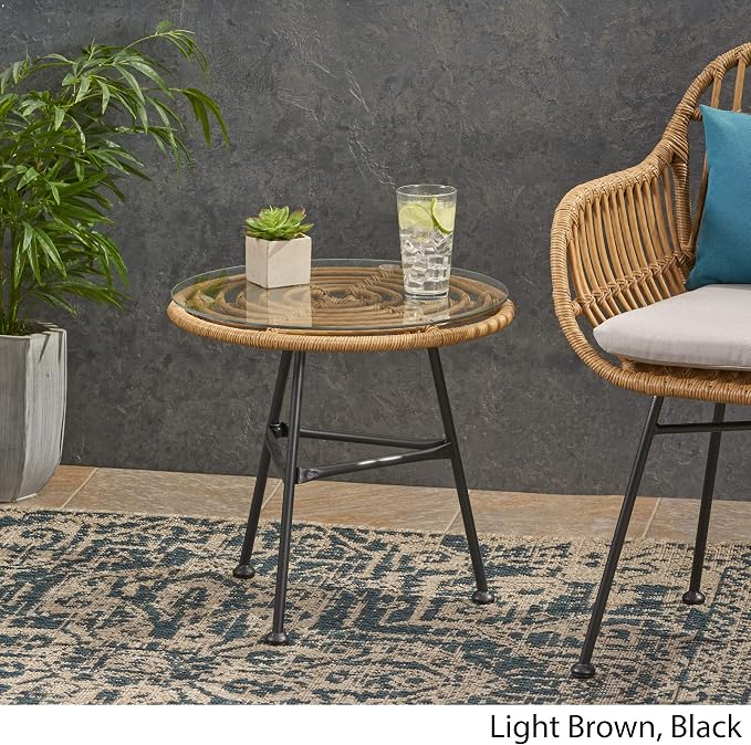 Great Deal Furniture Rodney Outdoor Woven Faux Rattan Side Table with Glass Top, Light Brown and Beige Finish (309168)