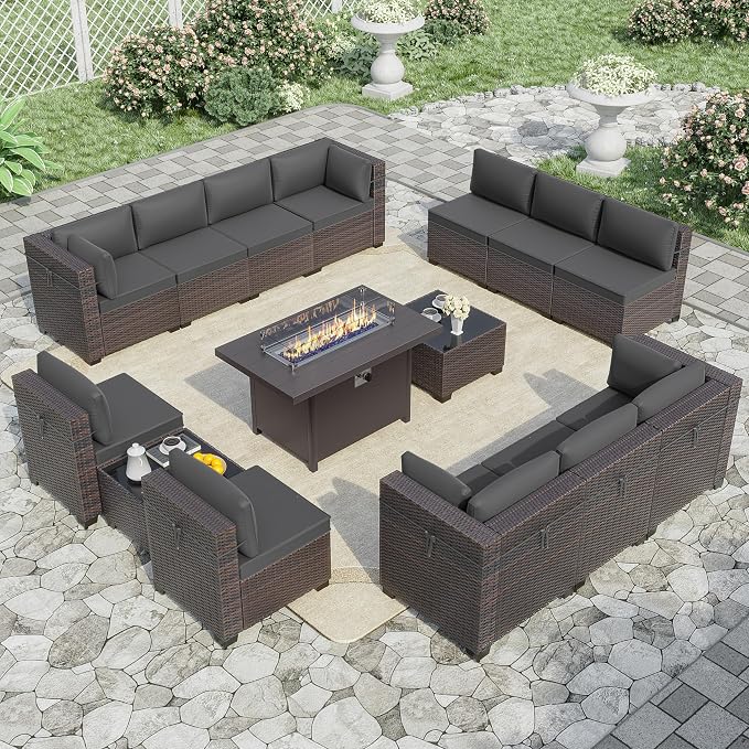 ALAULM 15 Pieces Patio Furniture Set with Aluminum Fire Pit Table Outdoor Furniture Sets 55000BTU Gas Fire Pit Brown PE Rattan Wicker Patio Conversation Sets w/12 Cushions (Grey)
