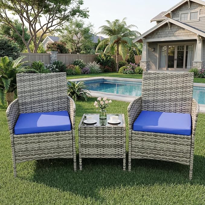 3-Piece Patio Furniture Set,Outdoor Patio Conversation Set with 2 PE Rattan Armchairs, Weather-Resistant Cushions & Tempered Glass Table,All-Weather Bistro Set for Garden, Backyard（Gray/Blue）
