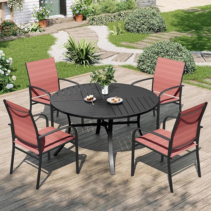 MIXPATIO Patio Table and Chairs Set for 4, 5 Pieces Outdoor Dining Set, 4 Red Textilene Chairs and 42" Metal Round Table with Umbrella Hole, for Deck Garden Backyard Lawn Poolside