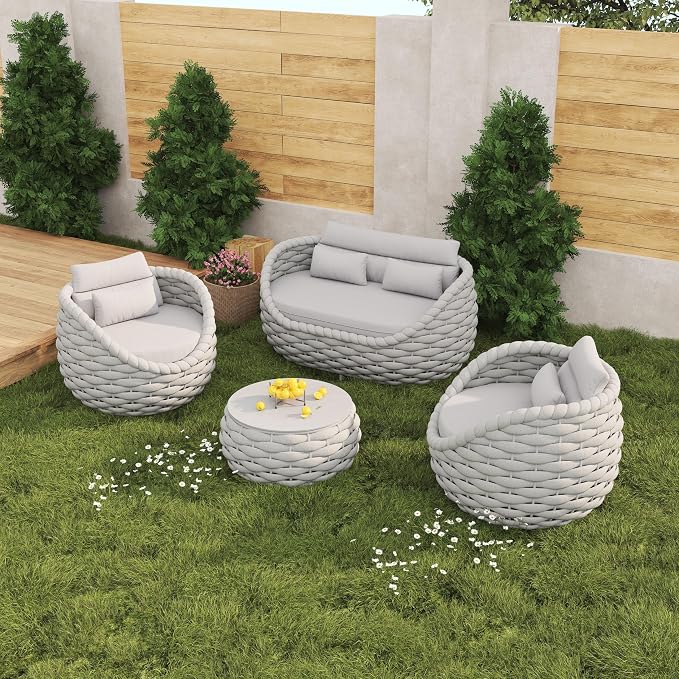 4Pcs Light Grey Wicker Patio Conversation Set, Handwoven Outdoor Indoor Sofa with Loveseat, 2 Single Chairs & Coffee Table, Weather Resistant Furniture for Backyard Garden Deck