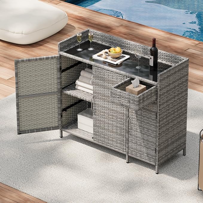 RUNNA Wicker Outdoor Storage Cabinet with Tempered Glass Desktop, Weather-Proof Rattan Bar Table with Three Doors, Adjustable Shelf, and One Drawer, for Outdoor Cushions, Pool Toys (Grey@045)