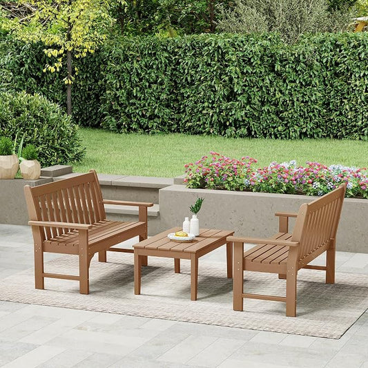WestinTrends Malibu 3-Piece HDPE Outdoor Patio Furniture Couch and Coffee Table Set, Teak