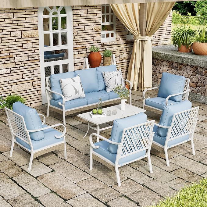 MIXPATIO 6 Piece Patio Furniture Set, 4 x Fixed Chair, 1 x 3-Seat Sofa with Marbling Coffee Table, All Cushioned 7 Seats Outdoor Conversation Set for Lawn Garden Backyard, Blue