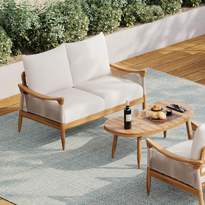 Merax 2-Piece Acacia Wood Patio Loveseat Set with Coffee Table | Teak-Finish Acacia Frame, Beige Woven Rope, 6-Inch Cushions And Arc Coffee Table For Porch, Garden, Backyard Or Balcony