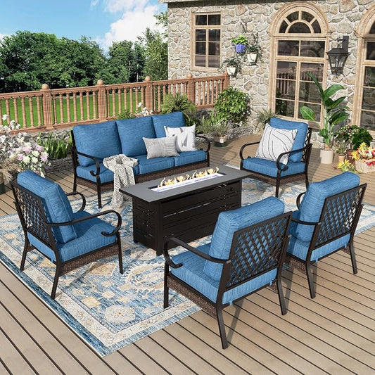 MIXPATIO Patio Furniture Set with Fire Pit Table, Metal Outdoor Conversation Set with 5.75'' Extra Thick Cushion, 4 Leg Chairs, 3-Seat Sofa and Gas Fire Pit Table, Pacific Blue