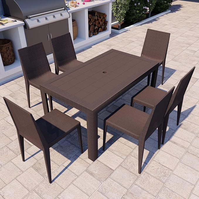 LeisureMod Mace Modern Weave Design Outdoor Patio Rectangle Dining Table (Brown)