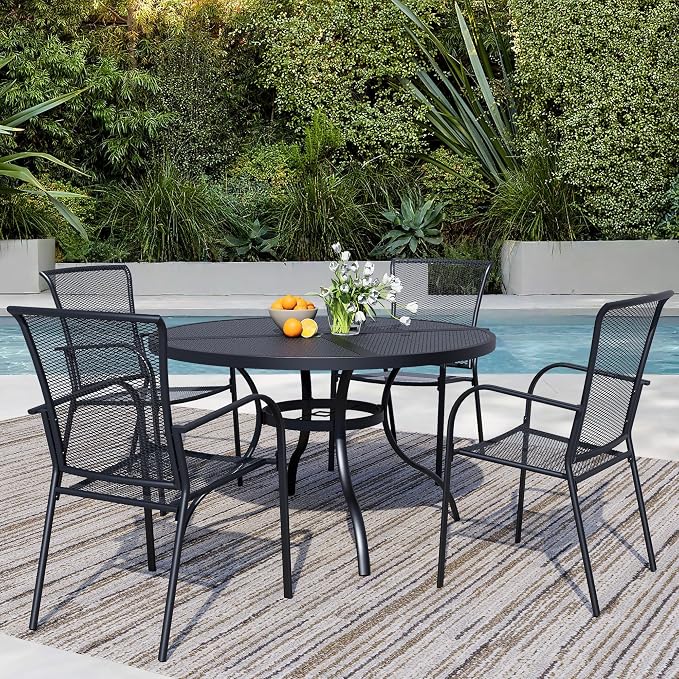 5 Pieces Outdoor Dining Set for 4, Black Metal Mesh Outdoor Dining Table and 4 Black Metal Mesh Stackable Patio Chairs with Armrest, Patio Table and Chairs Set for Lawn Garden Backyard