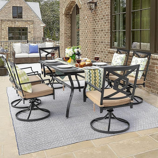 NUU GARDEN 7 Piece Outdoor Patio Dining Set, 6 Swivel Rocker Chairs with Padded Cushions, 61" x 37" Rectangle Iron Dining Table with 1.57" Umbrella Hole,Black and Beige Cushion