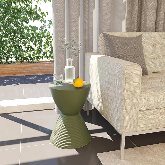 LeisureMod Modern Hourglass Side Table - ABS Shell Drum End Table with Storage for Indoor & Outdoor Use, Olive Green