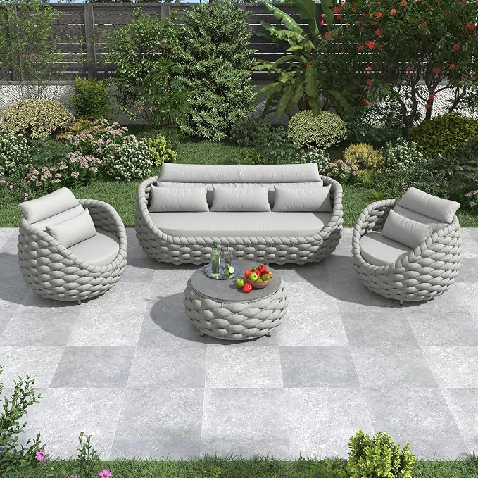 4 Pieces Woven Rope Patio Conversation Set: Rustproof Aluminum Frame, Weather Resistant, Thick Cushions, No Assembly, Easy to Clean, Comfy Outdoor Sofa Set for Porch Deck Yard Hotel - Gray