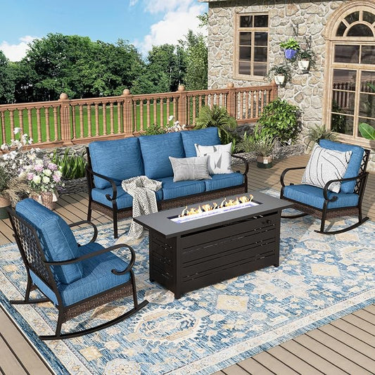 MIXPATIO Patio Furniture Set with Firepit Table, Black Frame Outdoor Conversation Set with 2 x Rocking Chairs, 1 x 3-Seat Sofa for Lawn Garden Backyard, Pacific Blue