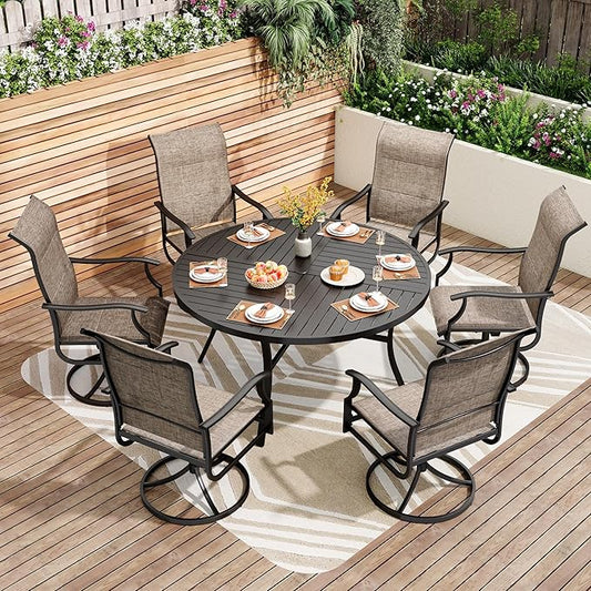 PHI VILLA Outdoor Dining Set for 6 w/Round Metal Table & Swivel Chairs | Padded Textilene, High back & Ergonomic, Umbrella hole, Weather resistant, Heavy-duty, Patio backyard deck, 7 piece