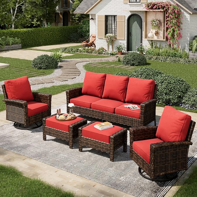 MIXPATIO 5-Piece Wicker Patio Furniture Set, High Back Outdoor Swivel Chairs with Comfy Ottoman, 5.5-inch Thick Cushion, All-Weather Wicker Patio Conversation Set for Deck Yard Pool, Red