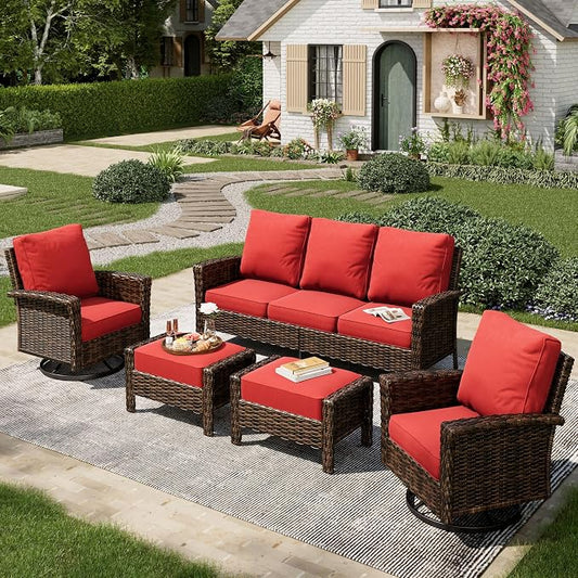 MIXPATIO 5-Piece Wicker Patio Furniture Set, High Back Outdoor Swivel Chairs with Comfy Ottoman, 5.5-inch Thick Cushion, All-Weather Wicker Patio Conversation Set for Deck Yard Pool, Red