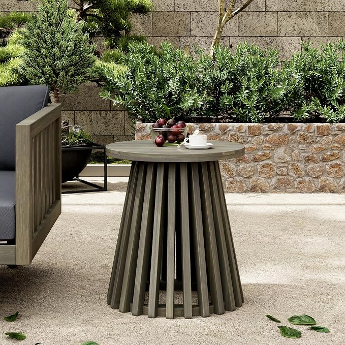 Outdoor Acacia Wood Patio Side Table, 15.75-inch Round Side Coffee Table,for Backyard, Lawn, Balcony (Grey-Side Table)